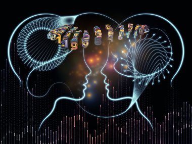 Minds serisinin buluşması. Ortak düşünme, beyin fırtınası, fikir alışverişi, öğretme ve öğrenme konusunda basamaklar, insan siluetleri, oklar ve soyut unsurlar