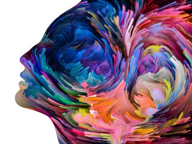 Rahatsız edici Düşünceler serisi. Sıvı boya insan yüzü siluetinde hareket halinde. İç dünya, zihin, psikoloji, depresyon, anksiyete, zihinsel hastalık, yaratıcılık ve soyut sanat konularındaki sanat çalışmaları.