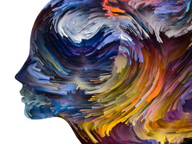 Rahatsız edici Düşünceler serisi. İnsan yüzü siluetinde desenli boya hareket halinde. İç dünya, zihin, psikoloji, depresyon, anksiyete, zihinsel hastalık, yaratıcılık ve soyut sanat konularındaki sanat çalışmaları.