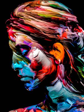 Renkli Kadın serisi. Yaratıcılık, hayal gücü ve sanat konularında soyut desenli genç kadın portresi.