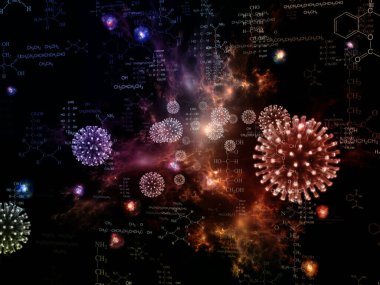 Coronavirus Mikro Dünyası. Viral Salgın Serisi. Coronavirus parçacıkları ve mikro uzay elementlerinin virüs, salgın, enfeksiyon, hastalık ve sağlık projelerinde arka plan görevi görmesi için 3D Illustration