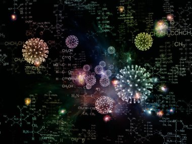 Coronavirus Evreni. Viral Salgın Serisi. Virüs, salgın, enfeksiyon, hastalık ve sağlık konularında çalışmalar için 3 boyutlu Coronavirus parçacıkları ve mikro uzay elementleri