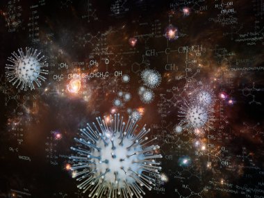 Coronavirus Kimya. Viral Salgın Serisi. Coronavirus parçacıkları ve mikro uzay elementlerinin virüs, salgın, enfeksiyon, hastalık ve sağlık projeleri için uygun 3D Illustration