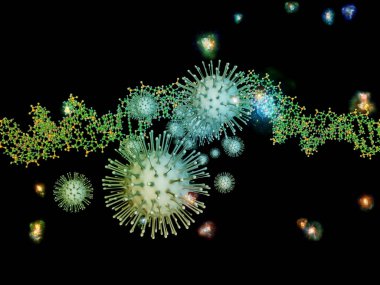 Coronavirus Logic. Viral Epidemic series. 3D Illustration of Coronavirus particles and micro space elements on the theme of virus, epidemic, infection, disease and health clipart