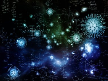 Coronavirus Kimya. Viral Salgın Serisi. Virüs, salgın, enfeksiyon, hastalık ve sağlık konularındaki 3 boyutlu Coronavirüs parçacıkları ve mikro uzay elementleri