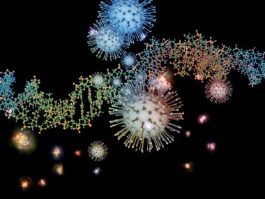 Coronavirus Matematik. Viral Salgın Serisi. 3 boyutlu Coronavirus parçacıkları ve mikro uzay elementlerinin virüs, salgın hastalık, enfeksiyon, hastalık ve sağlık ile kavramsal ilişkisi