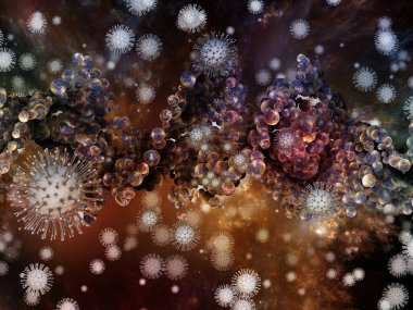 Coronavirus Mantığı. Viral Salgın Serisi. Coronavirus parçacıkları ve mikro uzay elementlerinin virüs, salgın, enfeksiyon, hastalık ve sağlık teması üzerine 3D Illustration