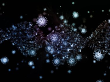 Coronavirus Evreni. Viral Salgın Serisi. Virüs, salgın, enfeksiyon, hastalık ve sağlık konularında 3 boyutlu Coronavirus parçacıkları ve mikro uzay elementleri