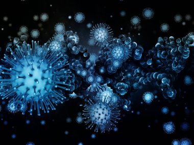 Coronavirus Gerçekliği. Viral Salgın Serisi. Koronavirüs parçacıkları ve mikro uzay elementlerinin virüs, salgın hastalık, enfeksiyon, hastalık ve sağlıkla ilişkili 3D çizimi