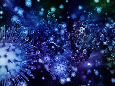 Coronavirus Evreni. Viral Salgın Serisi. Virüs, salgın, enfeksiyon, hastalık ve sağlık konularında 3 boyutlu Coronavirus parçacıkları ve mikro uzay elementleri
