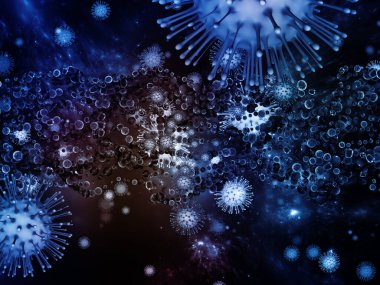 Coronavirus Mantığı. Viral Salgın Serisi. Virüs, salgın, enfeksiyon, hastalık ve sağlık konuları için 3D Coronavirus parçacıkları ve mikro uzay elementleri