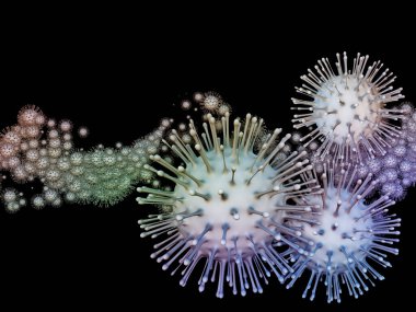 Coronavirus Evreni. Viral Salgın Serisi. Virüs, salgın, enfeksiyon, hastalık ve sağlık konularında 3 boyutlu Coronavirus parçacıkları ve mikro uzay elementleri