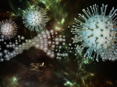 Coronavirus Kimya. Viral Salgın Serisi. Coronavirus parçacıkları ve mikro uzay elementlerinin virüs, salgın, enfeksiyon, hastalık ve sağlık projeleri için uygun 3D Illustration