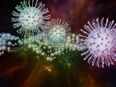 Coronavirus Mantığı. Viral Salgın Serisi. Virüs, salgın, enfeksiyon, hastalık ve sağlık için bir metafor olarak Coronavirus parçacıkları ve mikro uzay elementlerinin 3D İllüstrasyonu