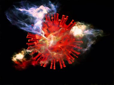 Kırmızı Coronavirus virüsü parçacığı ve üç boyutlu soyut elementlerin viral cisimler ve mikro ortam veya bağışıklık sistemi ile etkileşimi üzerine 3 boyutlu yorumlanması