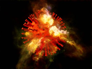 Kırmızı Coronavirus virüsü parçacığı ve üç boyutlu soyut elementlerin viral cisimler ve mikro ortam veya bağışıklık sistemi ile etkileşimi üzerine 3 boyutlu yorumlanması