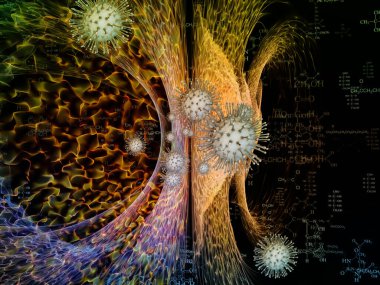 Viral seri. Soyut organik ortamda koronavirüs parçacıkları. Covid-19, küresel salgın, bilim, tıp ve araştırma konularında 3D yorumlama.