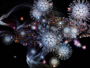 Coronavirus, enfeksiyon, salgın hastalık, biyoloji ve sağlık hizmetleri konularındaki viral parçacıkların ve soyut hücresel elementlerin 3 boyutlu etkileşimi
