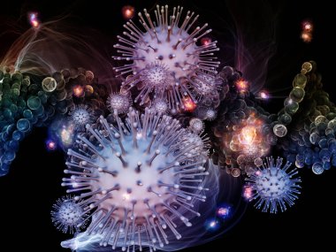 Coronavirus, enfeksiyon, salgın hastalık, biyoloji ve sağlık hizmetleri konularındaki viral parçacıkların ve soyut hücresel elementlerin 3 boyutlu etkileşimi