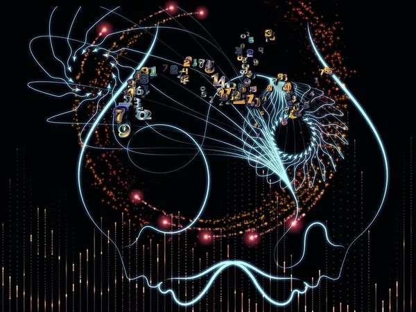 Meeting of the Minds series. Digits, human silhouettes, arrows and abstract elements on the subject of collaborative thinking, brainstorming, exchanging  ideas, teaching and learning