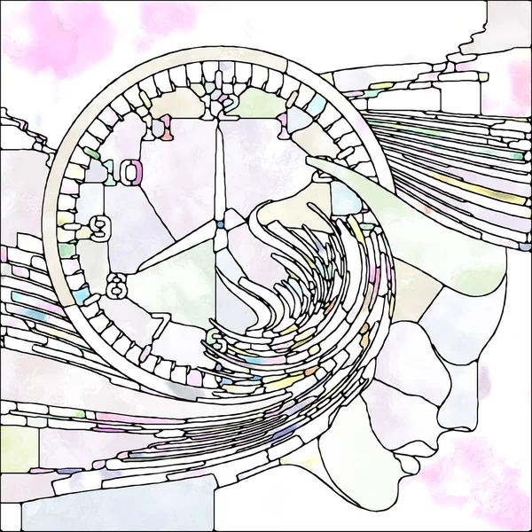 時間と自然をテーマにステンドグラス形式で行われる時計面と抽象的な要素 — ストック写真