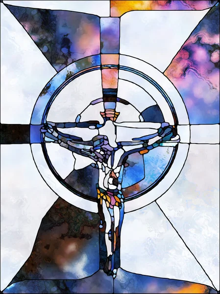 光の信仰 ステンドグラスシリーズのクロス キリストと自然の十字架刑の断片化された団結上のプロジェクトのための有機的な教会の窓の色パターンの構成 — ストック写真