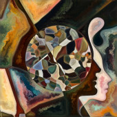 Malované barevné skleněné vzory lidských tváří a textur na téma psychologie, mysli a vnitřního světa.
