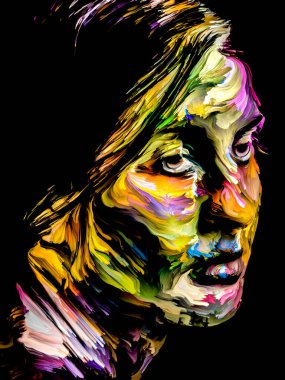 Renk serisi insanları. Yaratıcılık, hayal gücü ve sanat konularında genç bir kadının renkli soyut portresi.