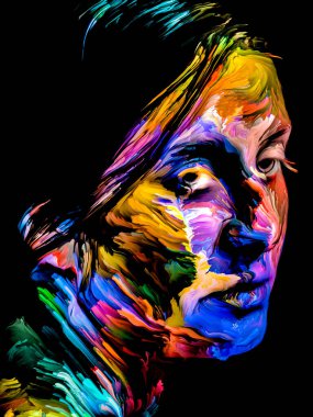 Renk serisi insanları. Yaratıcılık, hayal gücü ve sanat konularında genç bir kadının renkli soyut portresi.