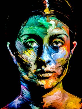 Renk serisi insanları. Yaratıcılık, hayal gücü ve sanat konularında genç bir kadının renkli soyut portresi.