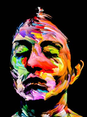 Renk serisi insanları. Yaratıcılık, hayal gücü ve sanat konularında genç bir kadının canlı ve soyut portresi.