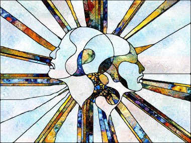 Organik Geometri serisi. İnsan yüzünün rengarenk unsurları iç dünya ve insan zihni üzerinde boyalı cam desenlerde uygulanır..