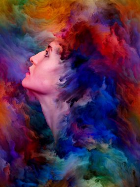 Kadınlar Dünya Serisi. Duygular, duygular, iç dünya, yaratıcılık ve hayal gücü üzerine projelerle birleştirilmiş kadın portresinin soyut arkaplanı.