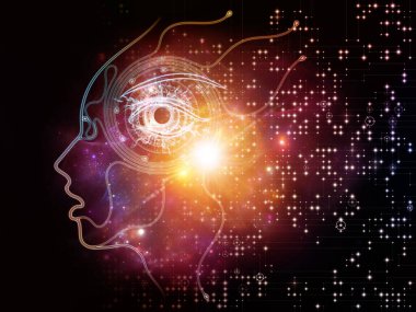 Makine mantık serisinin ışığı. İnsanın yüz hatlarının ve zihin, teknoloji ve yapay zeka konularındaki dijital elementlerin arka planı