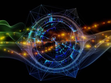 Parçacık Jeneratörü serisi. Modern teknolojiler, bilim, eğitim ve teorik araştırma konularındaki fraktal ışıkların, örüntülerin ve alanların arkaplanı.