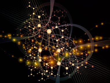 Moleküler yapı serisi. Soyut arkaplan üzerindeki soyut atomların bilim ve teknoloji konularındaki kristal ağa etkileşimi.