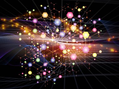 Moleküler yapı serisi. Soyut arkaplan üzerindeki soyut atomların bilim ve teknoloji konularındaki kristal ağa etkileşimi.