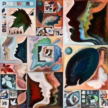 Tao Geometri. Gizli şifre serisi. İç hayat, drama, şiir ve algı konuları için insan siluetlerinin, sanat dokularının ve renklerinin kompozisyonu