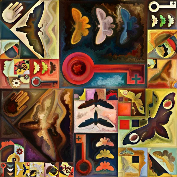 Inner Encryption series. Colorful collage of abstract organic forms and  art textures on subject of hidden meanings, sacred life, drama, poetry, mysticism and art.