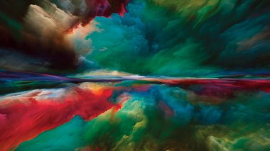 Uyanış Diyarı. Gerçekliğe Kaçış dizisi. Manzara resimleri, hayal gücü, yaratıcılık ve sanat projeleri için gerçeküstü gün batımı renklerinin ve dokuların arkaplanı