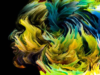 Rahatsız edici Düşünceler serisi. Sıvı boya insan yüzü siluetinde hareket halinde. İç dünya, zihin, psikoloji, depresyon, anksiyete, zihinsel hastalık, yaratıcılık ve soyut sanat konularındaki sanat çalışmaları.