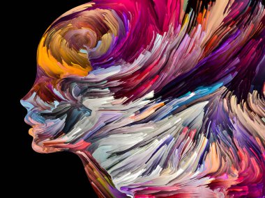 Rahatsız edici Düşünceler serisi. İnsan yüzü siluetinde desenli boya hareket halinde. İç dünya, zihin, psikoloji, depresyon, anksiyete, zihinsel hastalık, yaratıcılık ve soyut sanat konularındaki sanat çalışmaları.