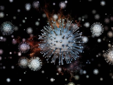 Virüs Mantığı. Viral Salgın Serisi. Virüs, salgın, enfeksiyon, hastalık ve sağlık konularındaki projeler için 3 boyutlu Coronavirus parçacıkları ve mikro uzay elementleri