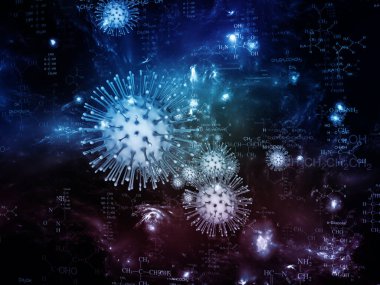Coronavirus Kimya. Viral Salgın Serisi. Virüs, salgın, enfeksiyon, hastalık ve sağlık konularındaki 3 boyutlu Coronavirüs parçacıkları ve mikro uzay elementleri