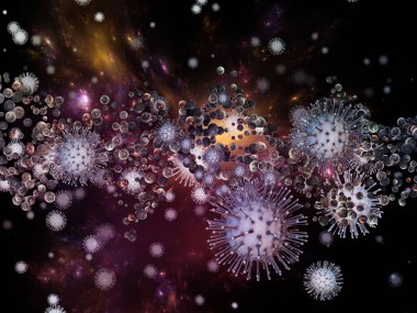 Coronavirus Matematik. Viral Salgın Serisi. Virüs, salgın, enfeksiyon, hastalık ve sağlık konuları için 3 boyutlu Coronavirus parçacıkları ve mikro uzay elementleri