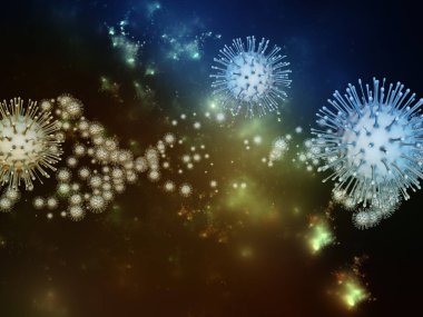 Coronavirus Araştırma. Viral Salgın Serisi. Coronavirus parçacıkları ve mikro uzay elementlerinin virüs, salgın hastalık, enfeksiyon, hastalık ve sağlıkla ilgili projelerde 3D çizimi