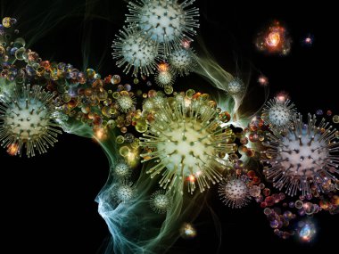 Coronavirus, enfeksiyon, salgın hastalık, biyoloji ve sağlık hizmetleri konularındaki viral parçacıkların ve soyut hücresel elementlerin 3 boyutlu etkileşimi