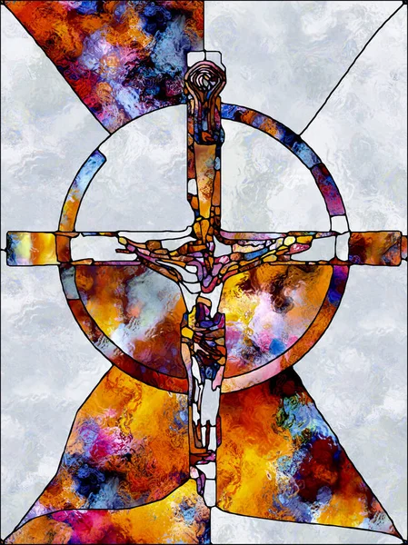 Faith of Light. Cross of Stained Glass series. Composition of  organic church window color pattern for projects on fragmented unity of Crucifixion of Christ and Nature