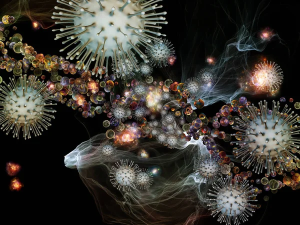 Rendering Von Coronavirus Partikeln Und Mikro Umgebungselementen Zum Thema Virusinfektion — Stockfoto