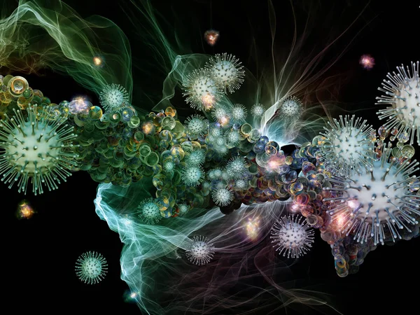 Rendering Interaction Viral Particles Abstract Microscopic Elements Subject Coronavirus Infection — Stock Photo, Image